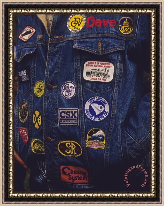 Raymond Gehman Man S Denim Jacket Covered with Railroad Related Patches Framed Print