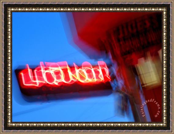 Raymond Gehman Neon Sign at Twilight Outside a Liquor Store in San Francisco Framed Painting