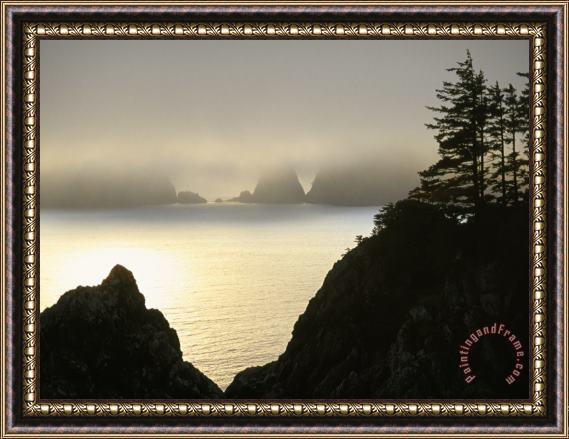 Raymond Gehman Pacific Fog Cloaks Rocky Outcroppings at Puffin Cove Framed Painting