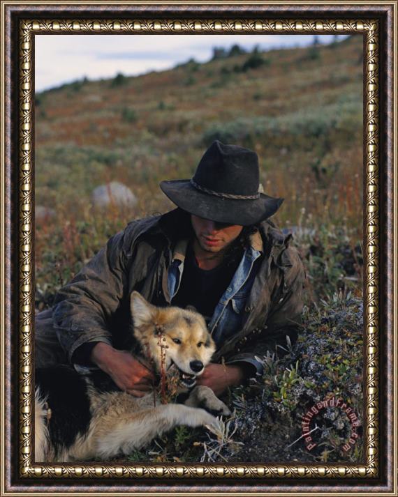 Raymond Gehman Portrait of a Wrangler with His Pet Dog in Jasper National Park Framed Painting