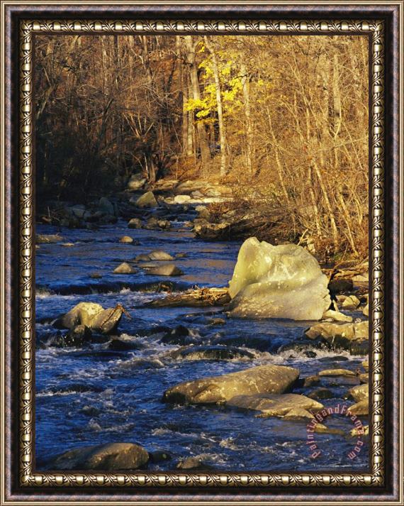 Raymond Gehman Rapids Bridge at Sunset with Boulders Yellow Foliage And Trees Framed Print
