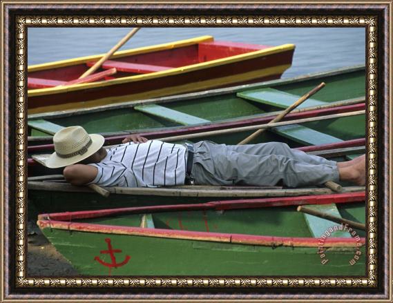 Raymond Gehman Tour Boat Guide Naps in Rowboats on Li River Guilin Guangxi China Framed Painting