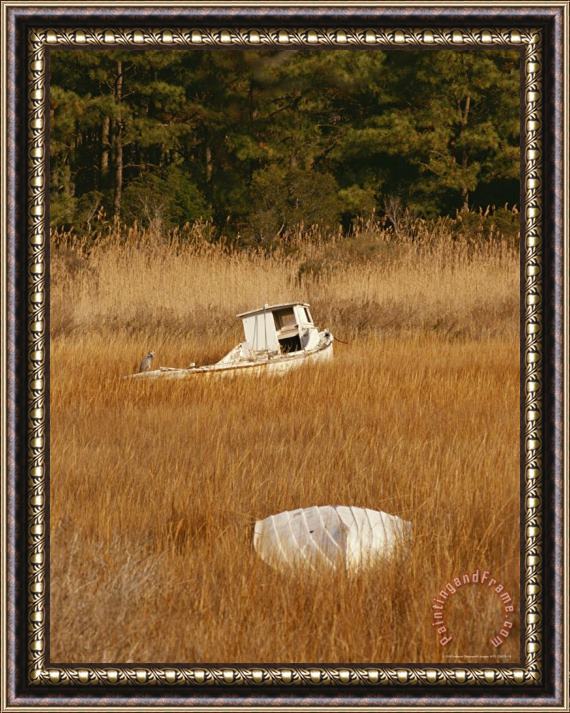 Raymond Gehman Watermens Boats And a Great Blue Heron in a Cordgrass Salt Marsh Framed Print
