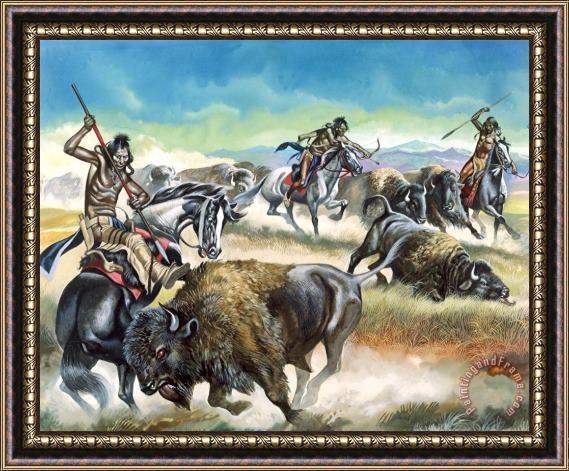 Ron Embleton Native American Indians killing American Bison Framed Painting
