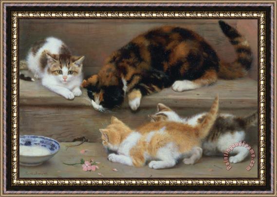Rosa Jameson Cat and kittens chasing a mouse Framed Painting