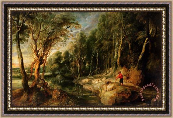 Rubens A Shepherd with his Flock in a Woody landscape Framed Print