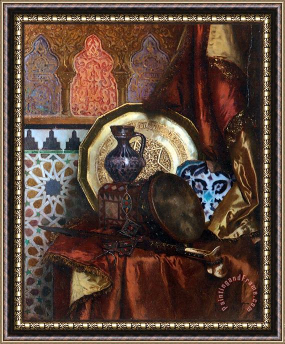 Rudolf Ernst A Tambourine, Knife, Moroccan Tile And Plate on Satin Covered Table Framed Print