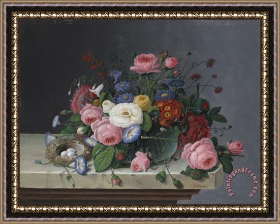 Severin Roesen Still Life With Flowers and Bird's Nest Framed Painting