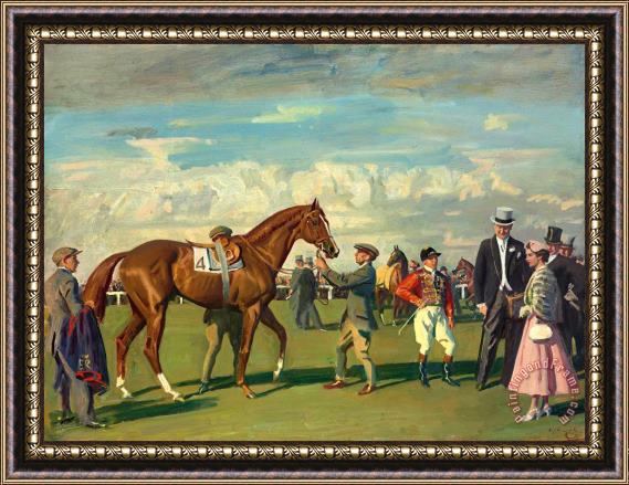 Sir Alfred James Munnings H.m. The Queen And 'aureole' in The Paddock at Epsom Before The Coronation Cup at The Derby Meeting, 1954 Framed Painting