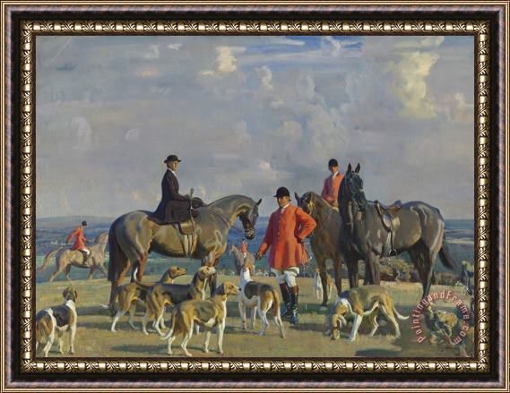 Sir Alfred James Munnings John J. Moubray, Master of Foxhounds, Dismounted with His Wife And Two Mounted Figures with The Bedale Hounds in a Landscape, 1920 Framed Painting