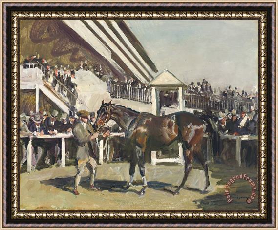Sir Alfred James Munnings Unsaddling at Epsom, a Study Framed Painting