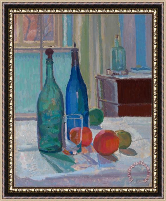Spencer Frederick Gore Blue And Green Bottles And Oranges Framed Painting