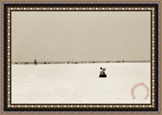 Stephen Spiller Man Sitting On A Beach Playing His Horn Framed Painting