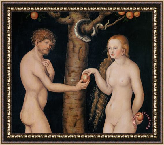 The Elder Lucas Cranach Eve Offering The Apple to Adam In The Garden of Eden Framed Painting