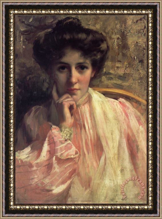 Thomas Benjamin Kennington Portrait of a Lady in a Pink Dress Framed Painting