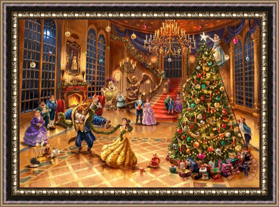 Thomas Kinkade Disney Beauty And The Beast Christmas Celebration Framed Painting