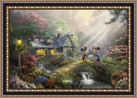 Thomas Kinkade Mickey & Minnie Sweetheart Bridge Framed Painting