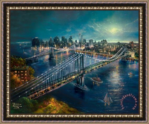 Thomas Kinkade Moonlight Over Manhattan Framed Painting