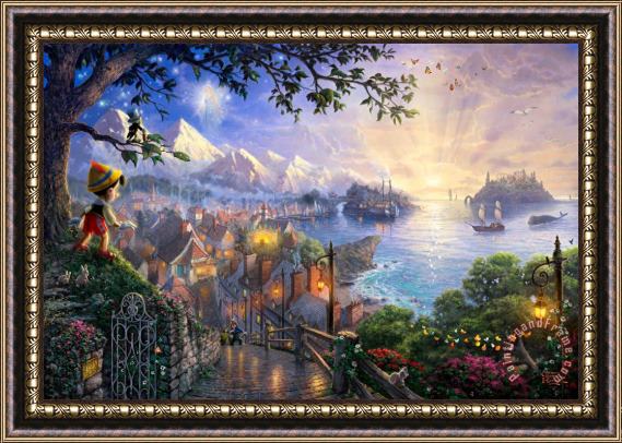 Thomas Kinkade Pinocchio Wishes Upon a Star Framed Painting