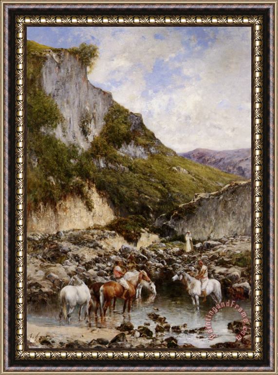 Victor Pierre Huguet Arab Riders Watering The Horses Framed Painting