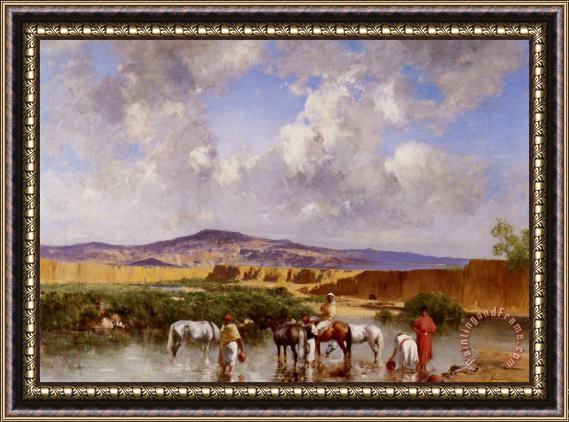 Victor Pierre Huguet Watering at The Wadi Framed Painting