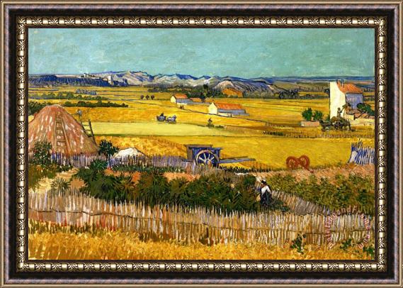Vincent van Gogh Harvest At La Crau With Montmajour In The Background Framed Painting