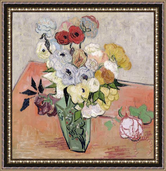 Vincent van Gogh Japanese Vase With Roses And Anemones Framed Print