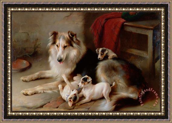 Walter Hunt A Collie with Fox Terrier Puppies Framed Painting