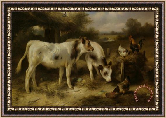 Walter Hunt Calves And Hens Feeding Framed Painting