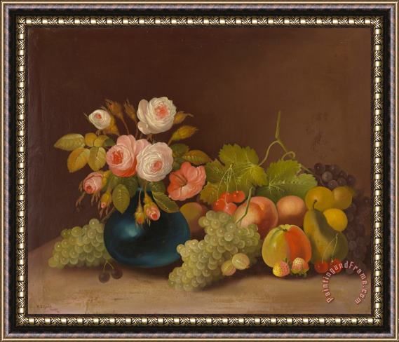 W.b. Gould Cabbage Roses And Fruit Framed Painting