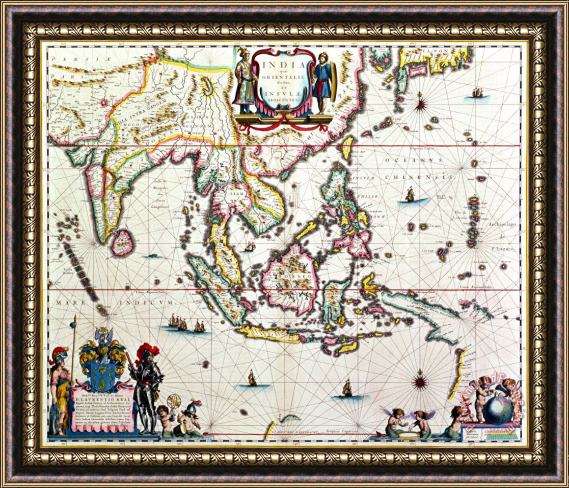 Willem Blaeu Antique map showing Southeast Asia and The East Indies Framed Print
