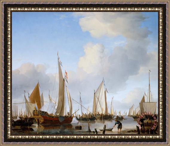 Willem van de Velde A States Yacht Under Sail Close to The Shore with Many Other Vessels Framed Painting