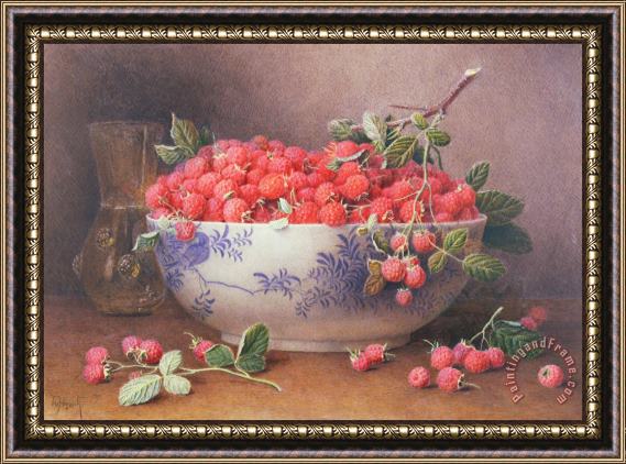 William B Hough Still Life of Raspberries in a Blue and White Bowl Framed Print