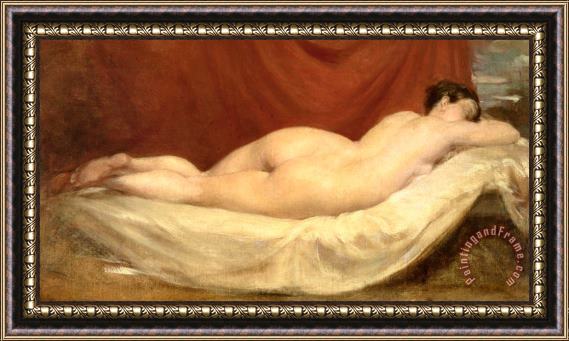William Etty Nude Lying On A Sofa Against A Red Curtain Framed Painting