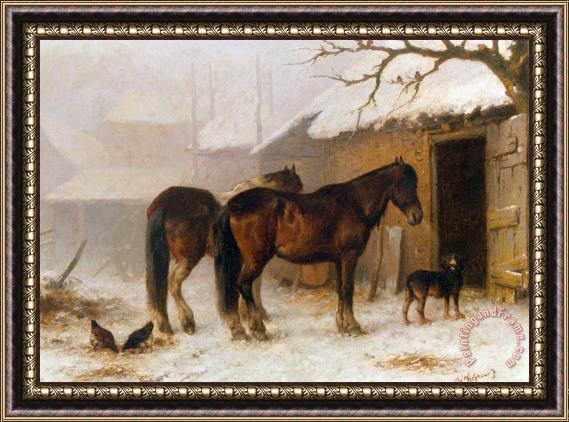 Wouterus Verschuur Jr Horses in a Snow Covered Farm Yard Framed Print