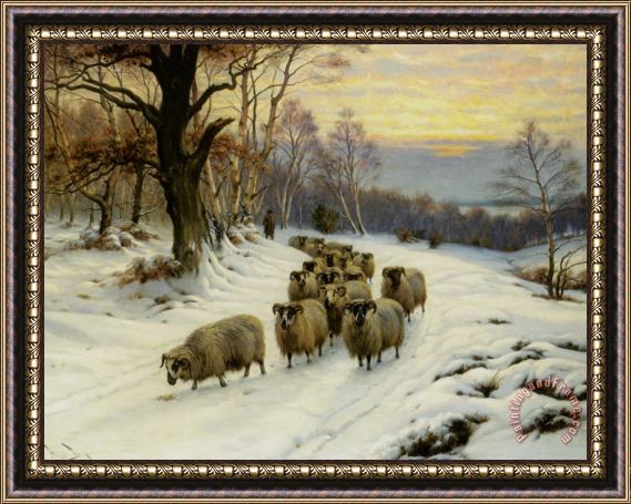 Wright Barker A Shepherd And His Flock on a Path in Winter Framed Painting