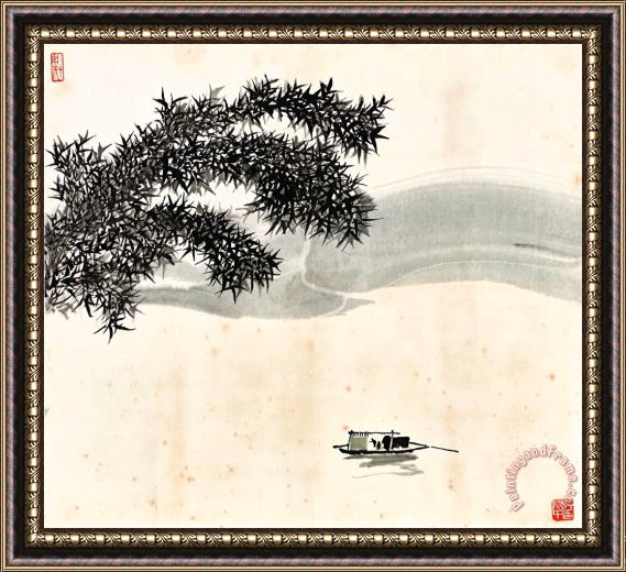 Wu Guanzhong Boating by Bamboo Framed Painting