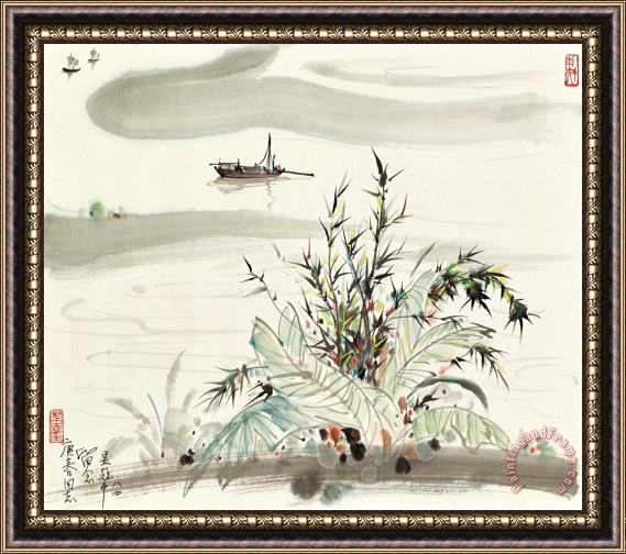Wu Guanzhong Boating by The Shore Framed Painting