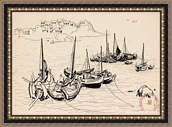 Wu Guanzhong Fishing Boats Framed Painting