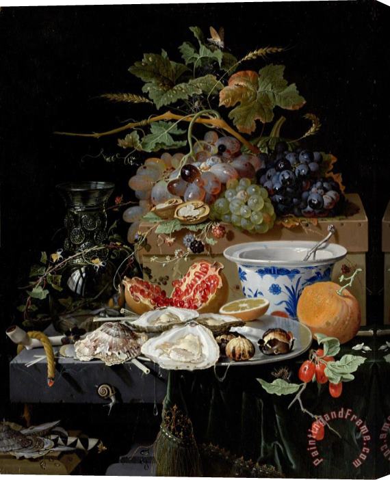 Abraham Mignon Still Life with Fruit, Oysters And a Porcelain Bowl Stretched Canvas Painting / Canvas Art