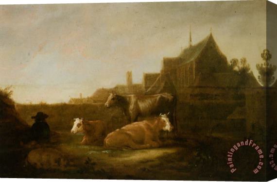 Aelbert Cuyp A Herdsman And Town with Duitsche Huis And Mariakerk Utrecht Beyond Stretched Canvas Painting / Canvas Art