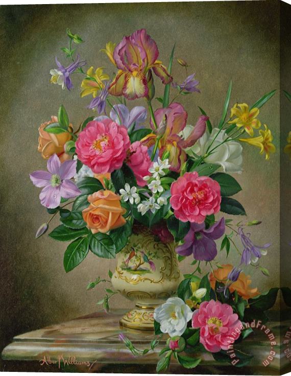 Albert Williams Peonies And Irises In A Ceramic Vase Stretched Canvas Print / Canvas Art