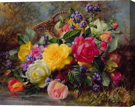 Albert Williams Roses by a Pond on a Grassy Bank Stretched Canvas Painting / Canvas Art