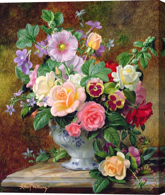 Albert Williams Roses Pansies And Other Flowers In A Vase Stretched Canvas Painting / Canvas Art