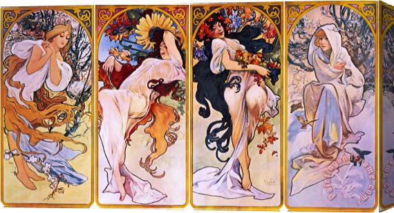 Alphonse Marie Mucha Cropped Print of Four Panels Each Depicting One of The Four Seasons Personified by a Woman Stretched Canvas Print / Canvas Art