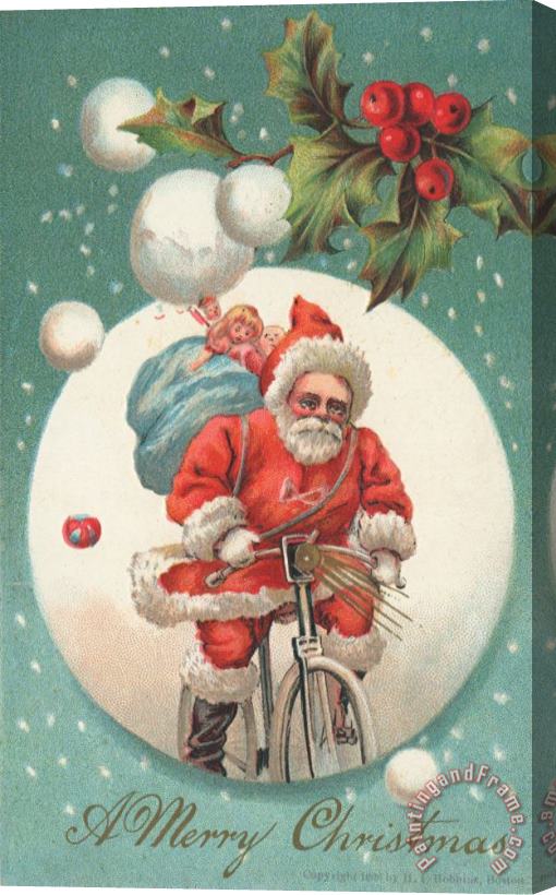 American School American Christmas Card With A Cycling Father Christmas With His Sack Of Gifts Stretched Canvas Painting / Canvas Art