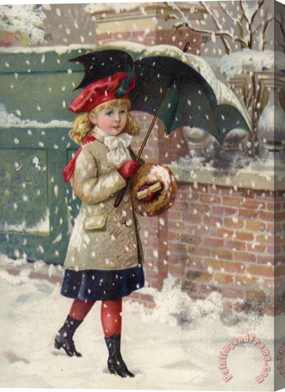 American School Girl With Umbrella In A Snow Shower Stretched Canvas Print / Canvas Art