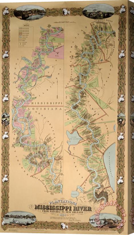 American School Map depicting plantations on the Mississippi River from Natchez to New Orleans Stretched Canvas Painting / Canvas Art