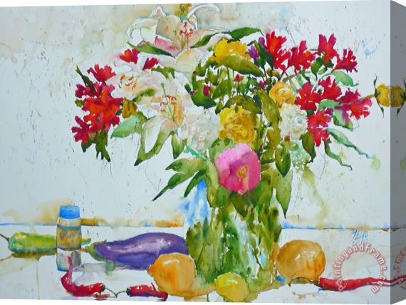 Andre Mehu Lilies and red peppers Stretched Canvas Print / Canvas Art