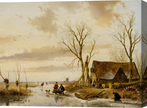 Andreas Schelfhout A Winter Landscape with Skaters on a Frozen River Stretched Canvas Painting / Canvas Art